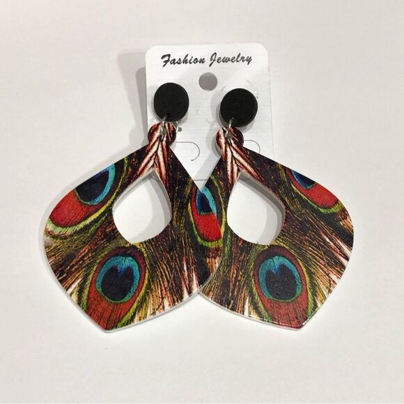 Boho 70’s Feather Wooden Hippie Hoop Dangle Earrings - 203 - Picture 6 of 7
